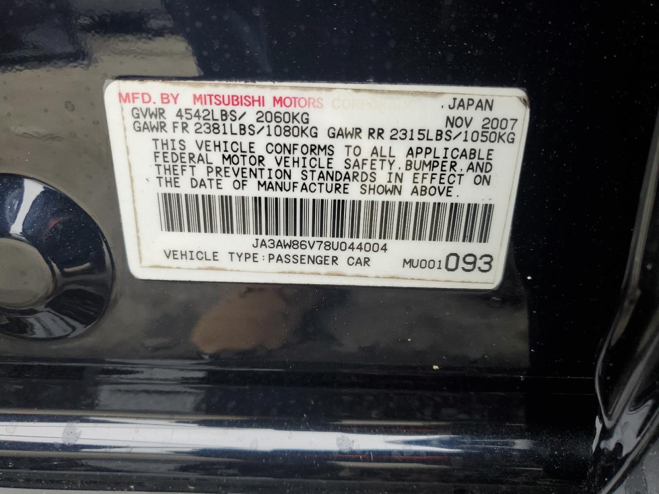 2008 Mitsubishi Lancer Evolution Gsr VIN: JA3AW86V78U044004 Lot: 61229525