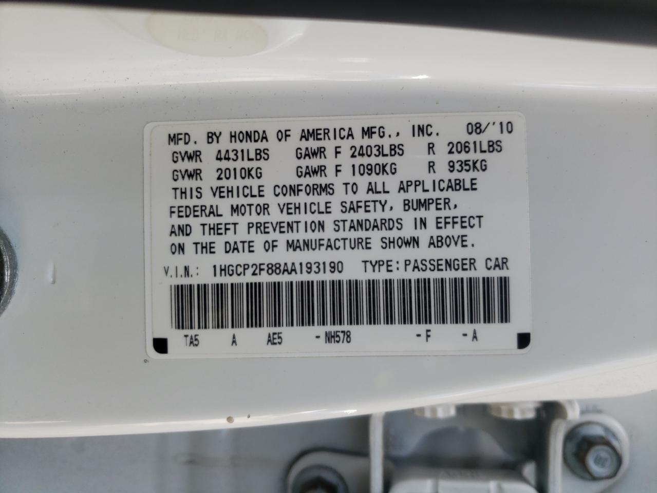 2010 Honda Accord Exl VIN: 1HGCP2F88AA193190 Lot: 62178585