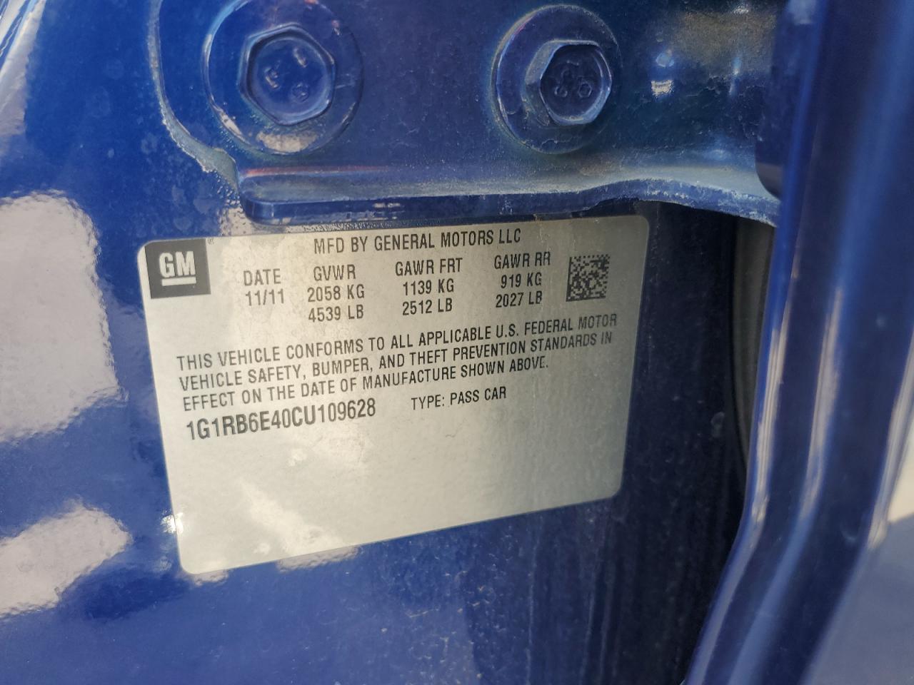 2012 Chevrolet Volt VIN: 1G1RB6E40CU109628 Lot: 62009375