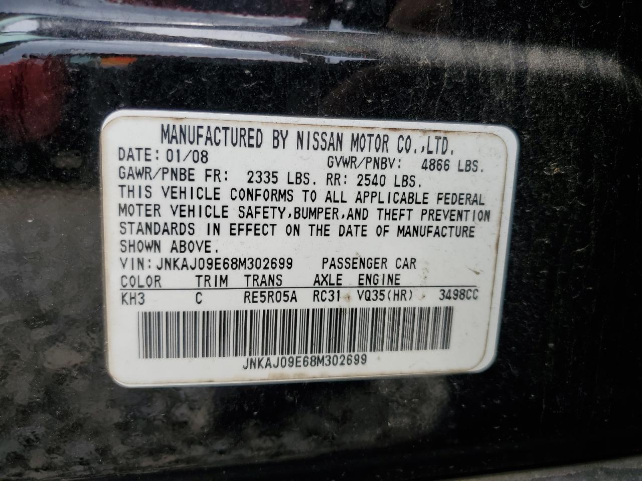 2008 Infiniti Ex35 Base VIN: JNKAJ09E68M302699 Lot: 61257985