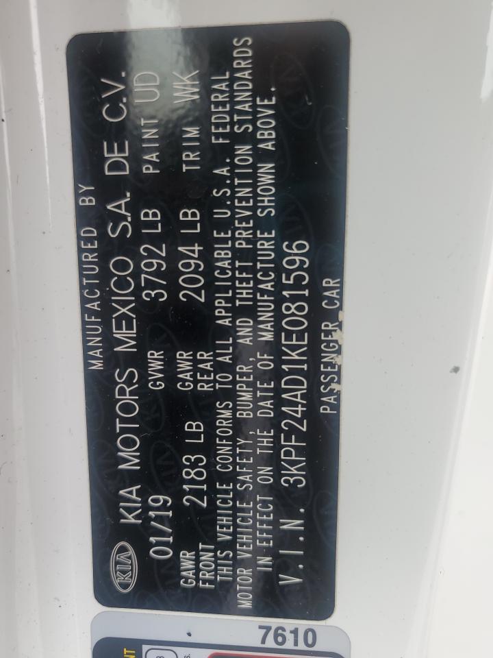 2019 Kia Forte Fe VIN: 3KPF24AD1KE081596 Lot: 60381985