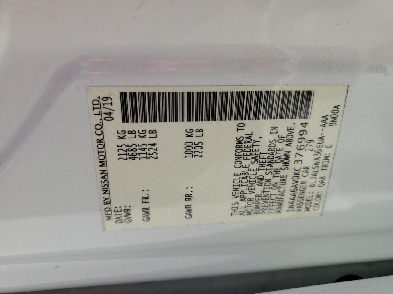 2019 Nissan Maxima S VIN: 1N4AA6AV0KC376994 Lot: 63013745