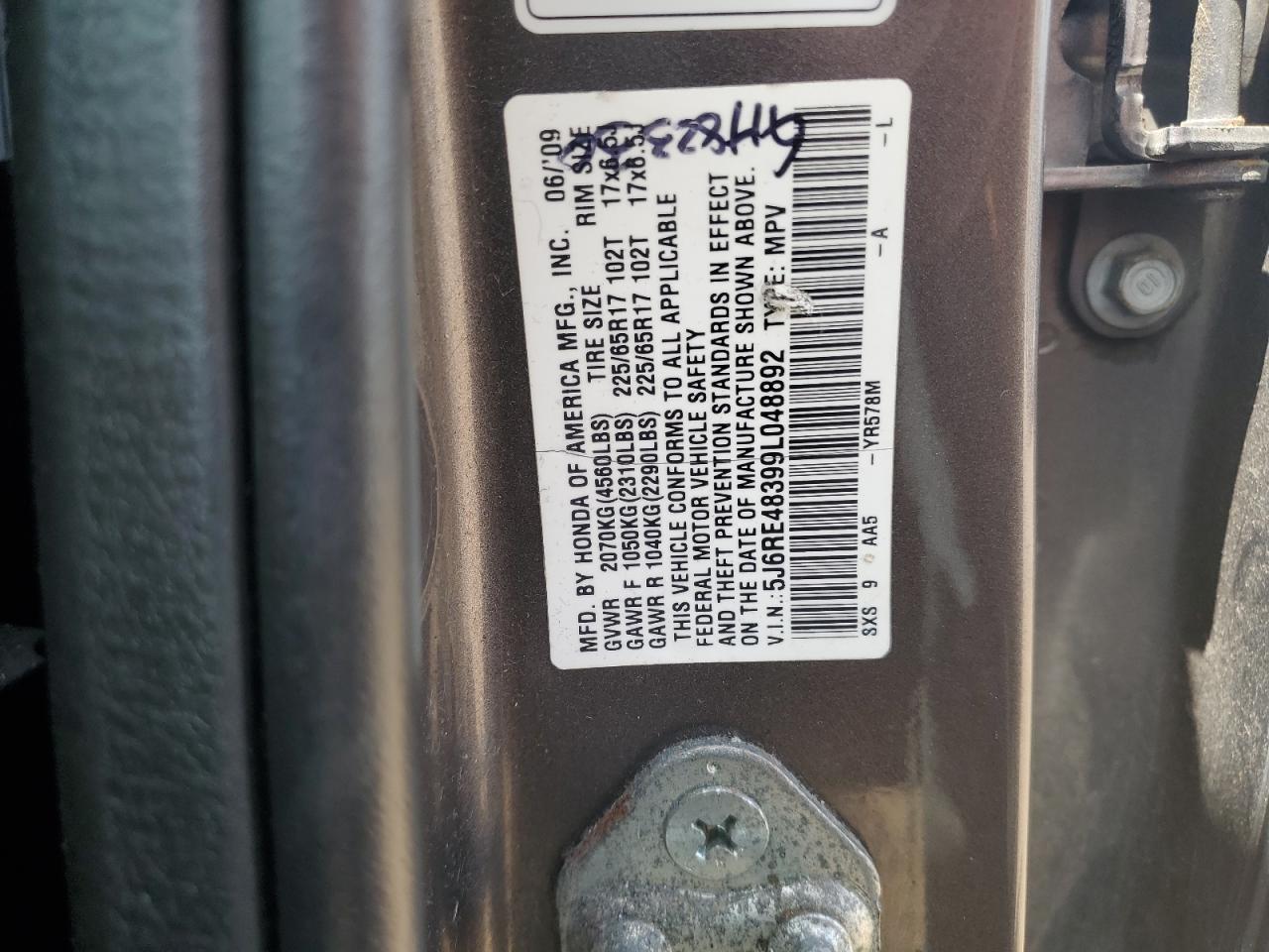 HONDA CRV 2009 VIN 5J6RE48399L048892 фото 12