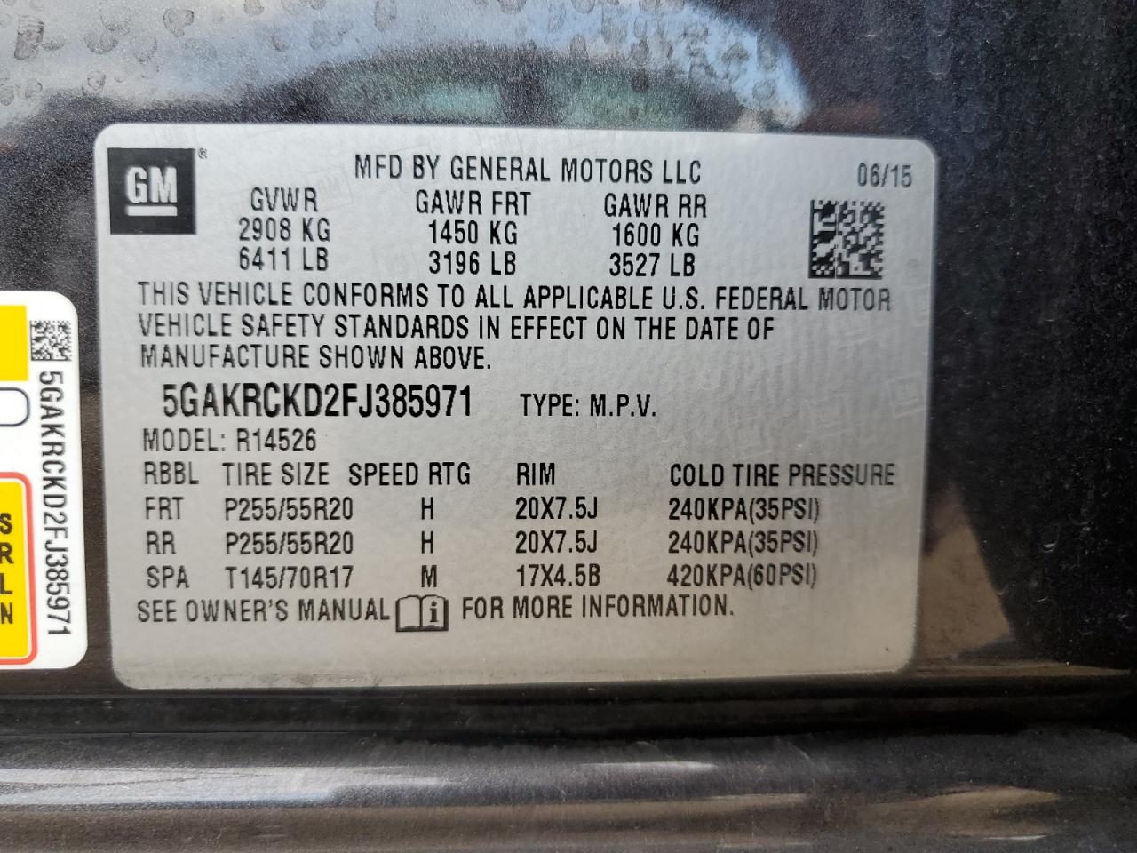 2015 Buick Enclave VIN: 5GAKRCKD2FJ385971 Lot: 62111565