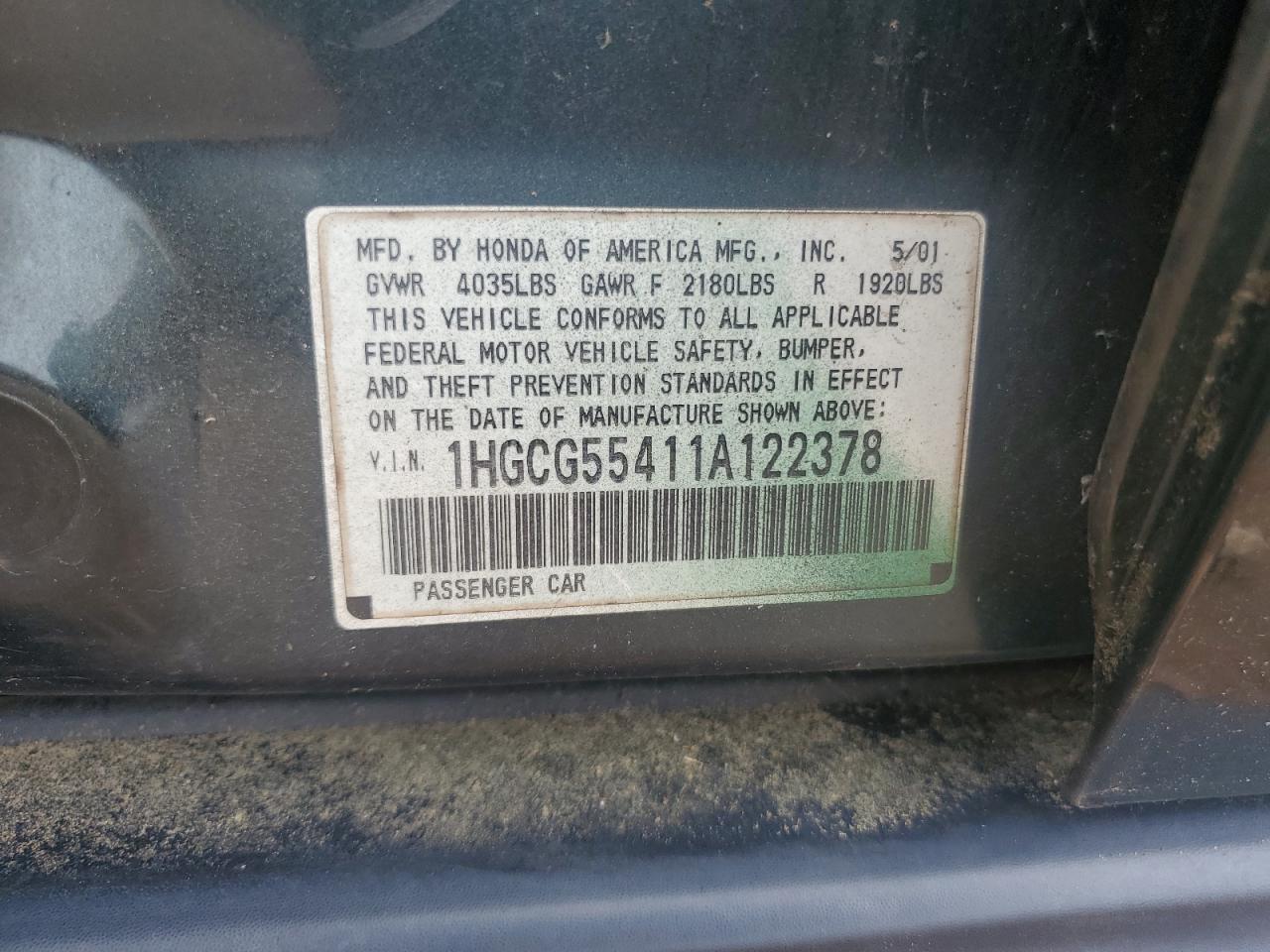 2001 Honda Accord Lx VIN: 1HGCG55411A122378 Lot: 61078445