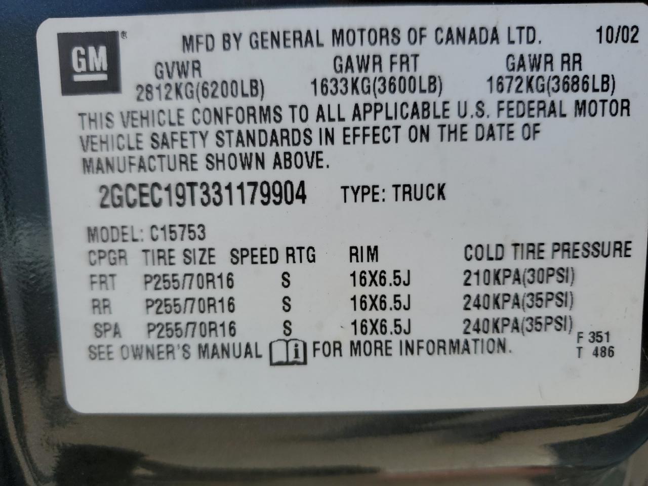 2003 Chevrolet Silverado C1500 VIN: 2GCEC19T331179904 Lot: 62340775
