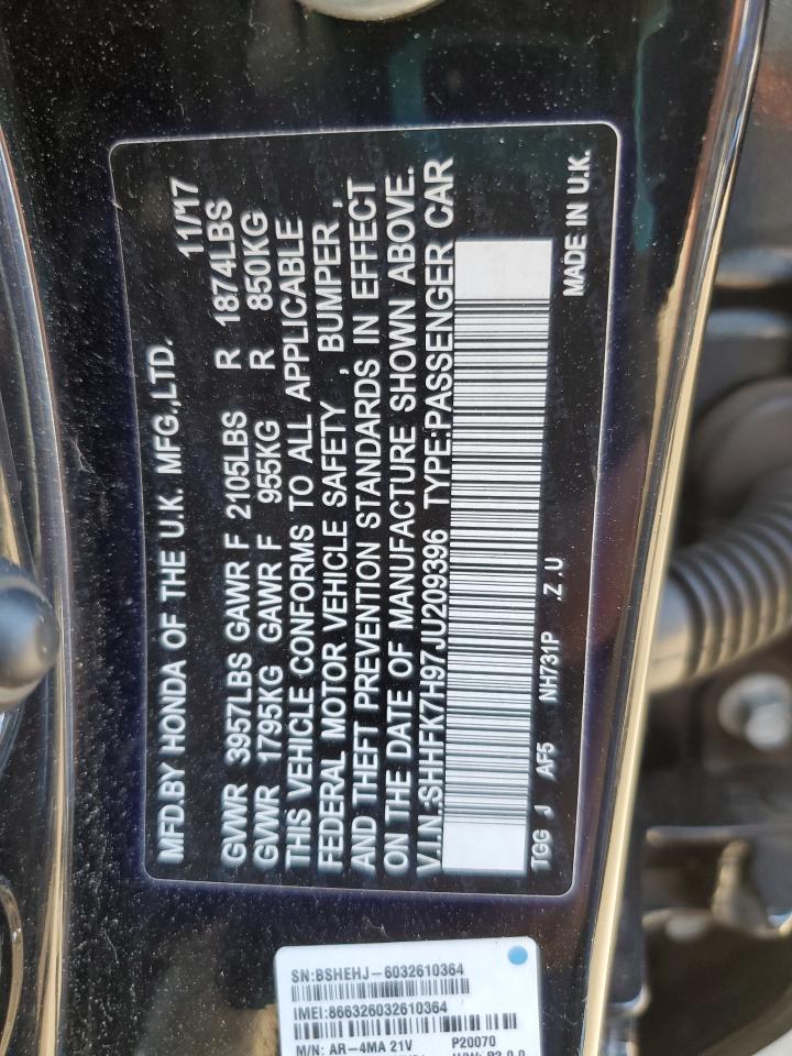 HONDA CIVIC 2018 VIN SHHFK7H97JU209396 фото 13
