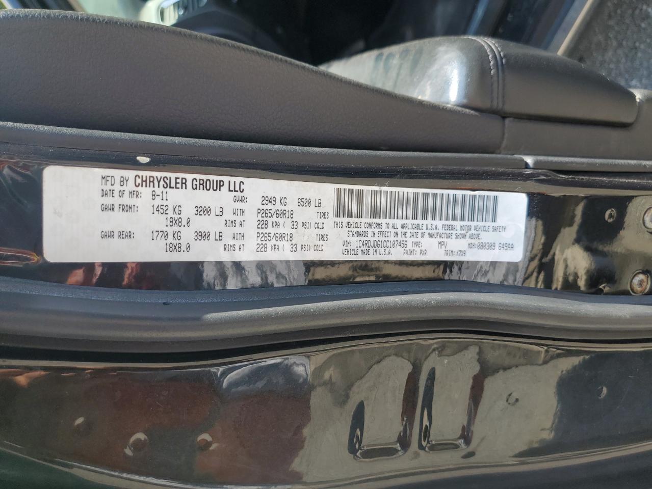 2012 Dodge Durango Crew VIN: 1C4RDJDG1CC107456 Lot: 63198565