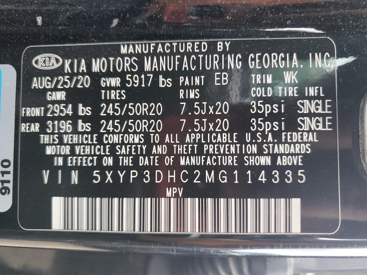 2021 Kia Telluride Ex VIN: 5XYP3DHC2MG114335 Lot: 59435655