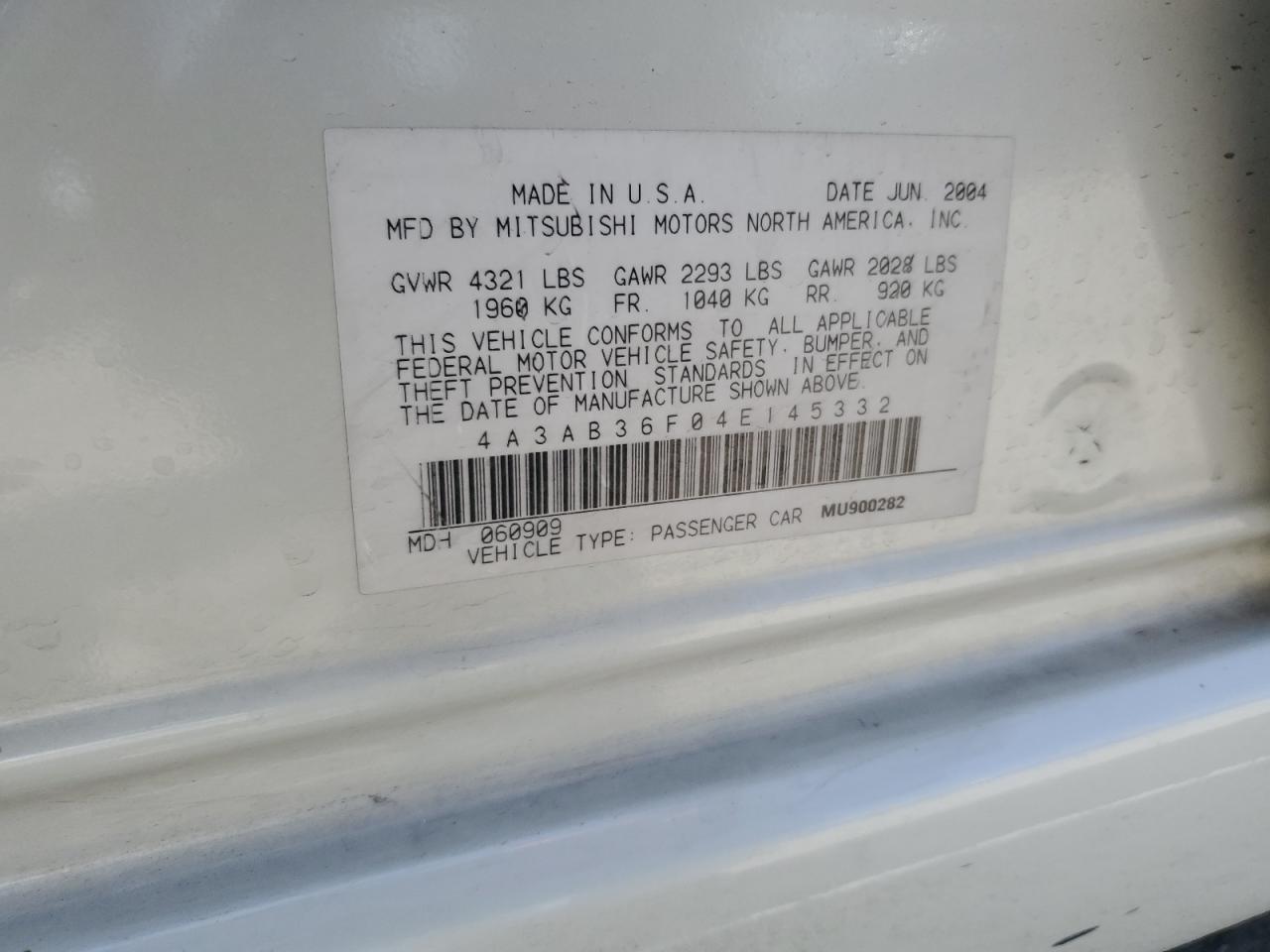 2004 Mitsubishi Galant Es Medium VIN: 4A3AB36F04E145332 Lot: 61988845