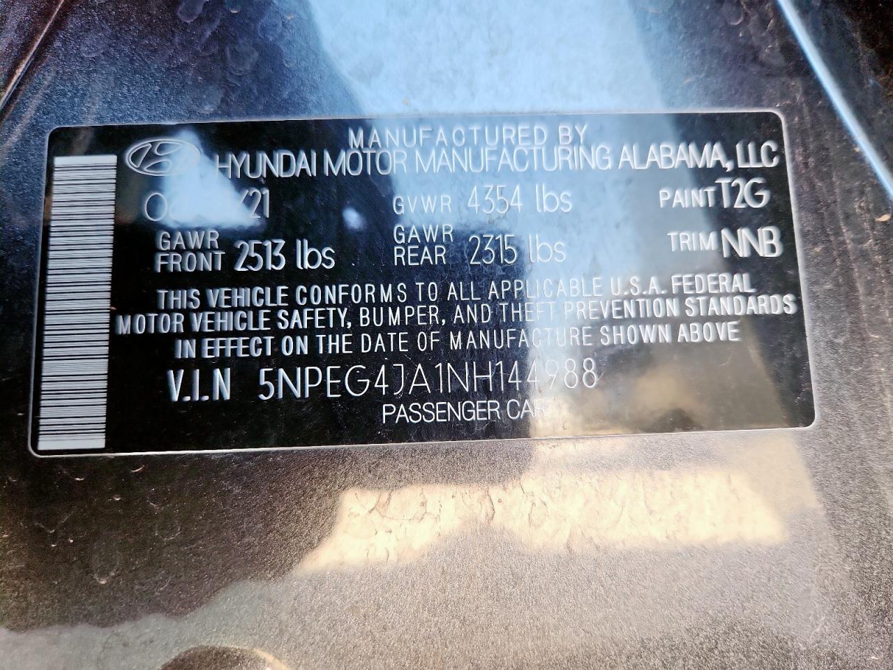 2022 Hyundai Sonata Se VIN: 5NPEG4JA1NH144988 Lot: 61064515