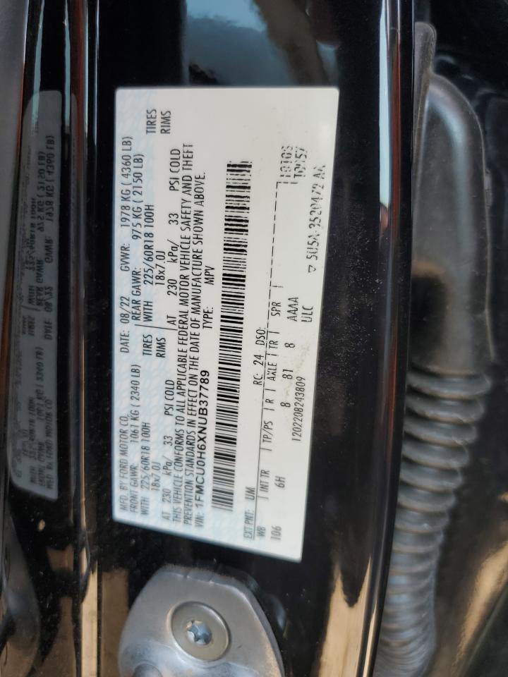 2022 Ford Escape Sel VIN: 1FMCU0H6XNUB37789 Lot: 62087465