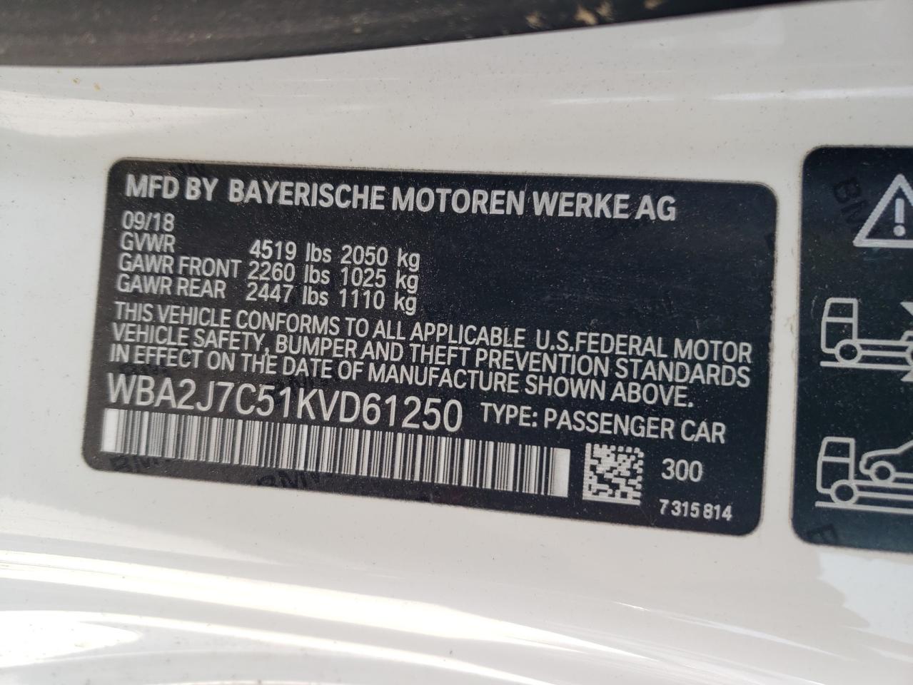 2019 BMW M240Xi VIN: WBA2J7C51KVD61250 Lot: 60999645
