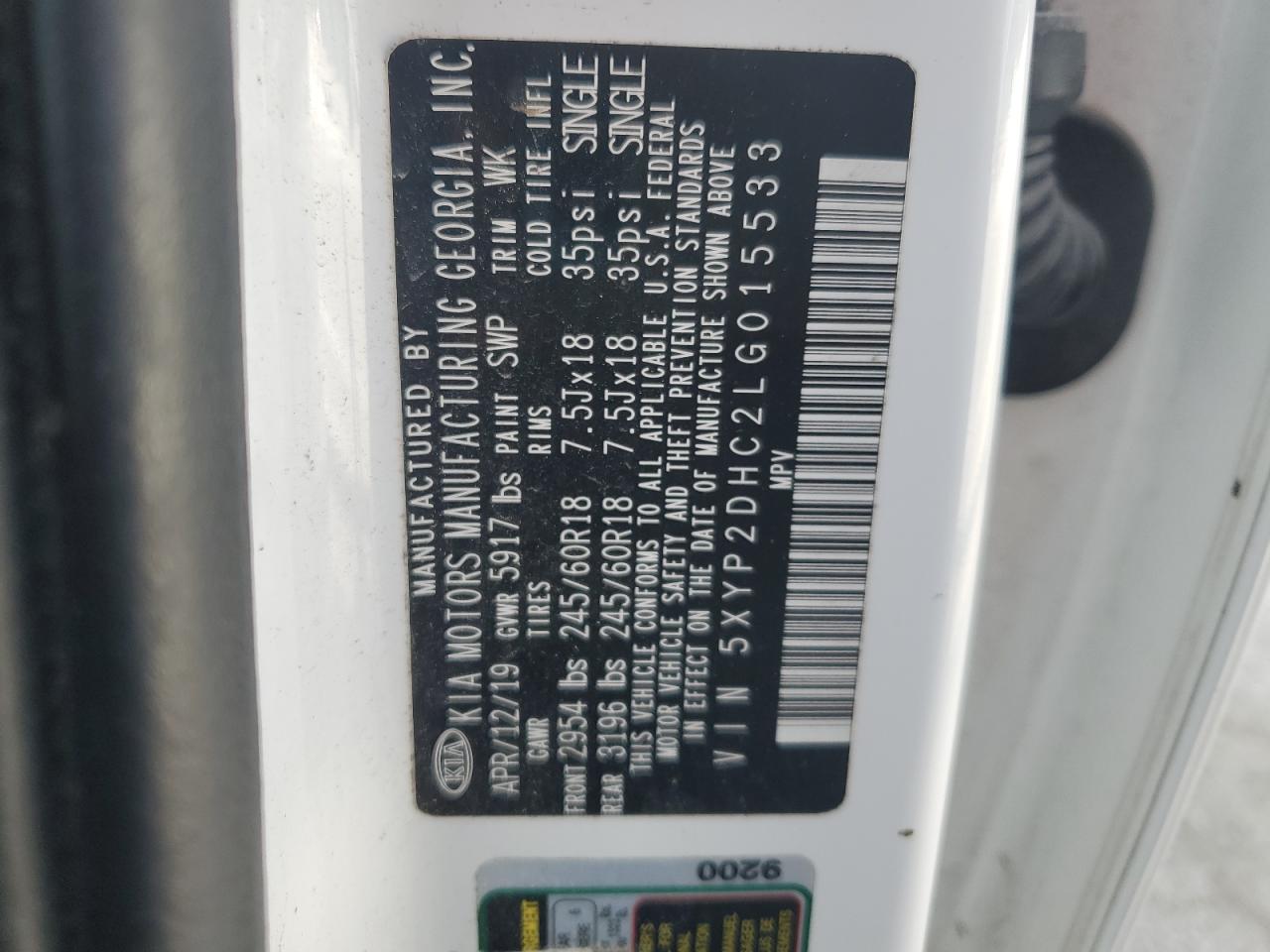 2020 Kia Telluride Lx VIN: 5XYP2DHC2LG015533 Lot: 59007625