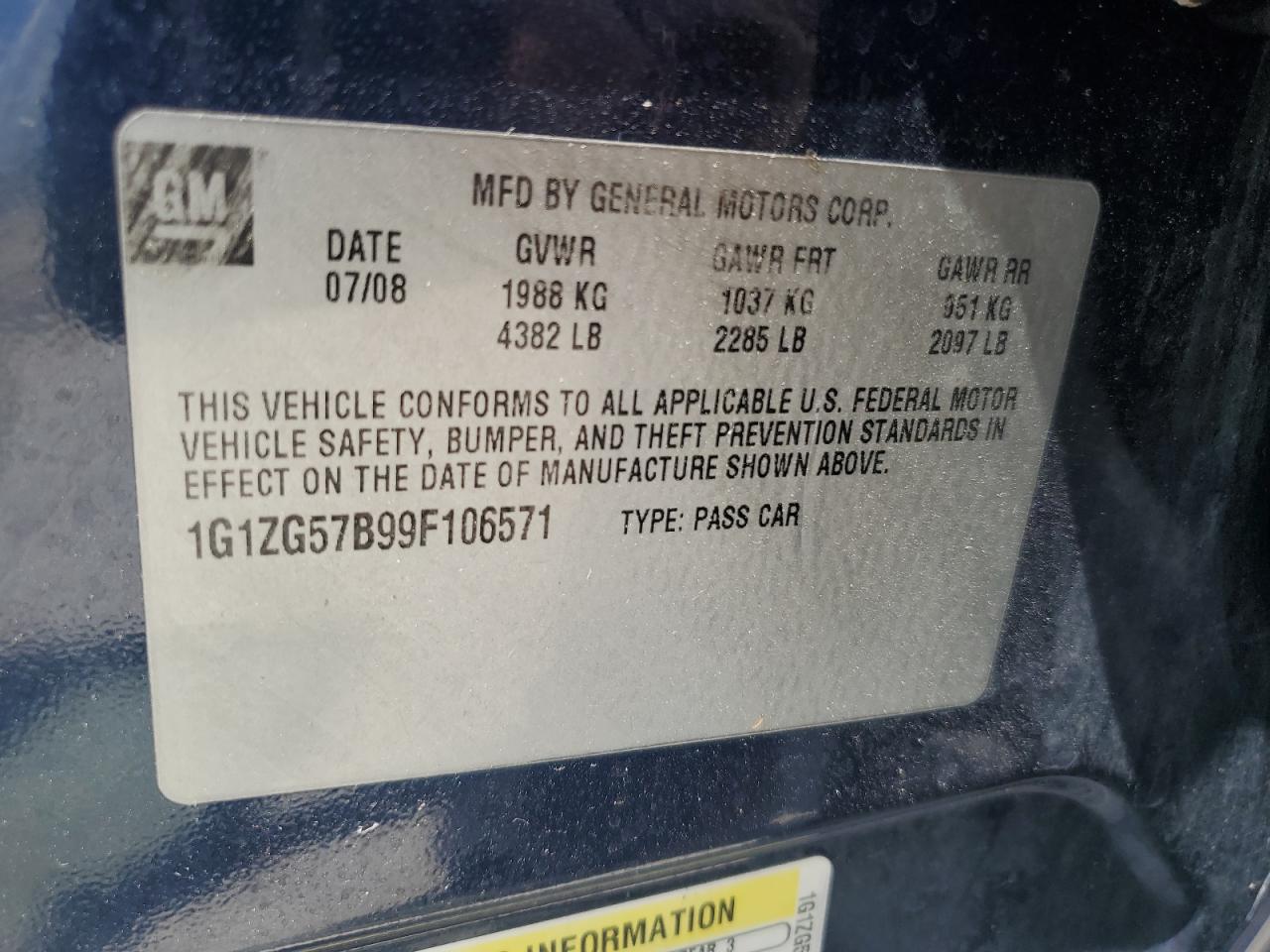 2009 Chevrolet Malibu Ls VIN: 1G1ZG57B99F106571 Lot: 62357655