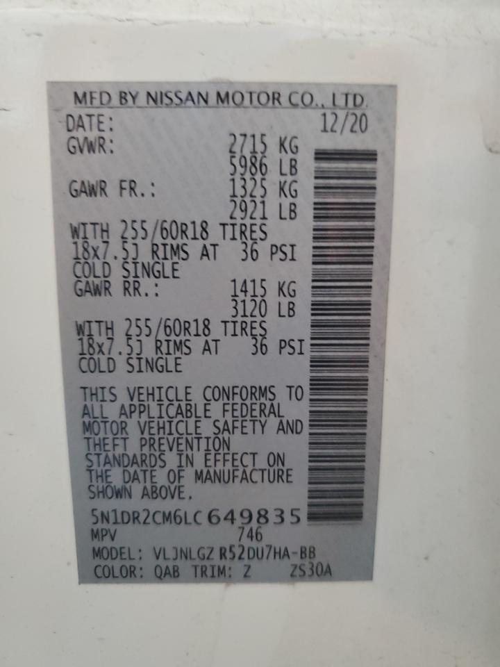 2020 Nissan Pathfinder Sl VIN: 5N1DR2CM6LC649835 Lot: 62173735