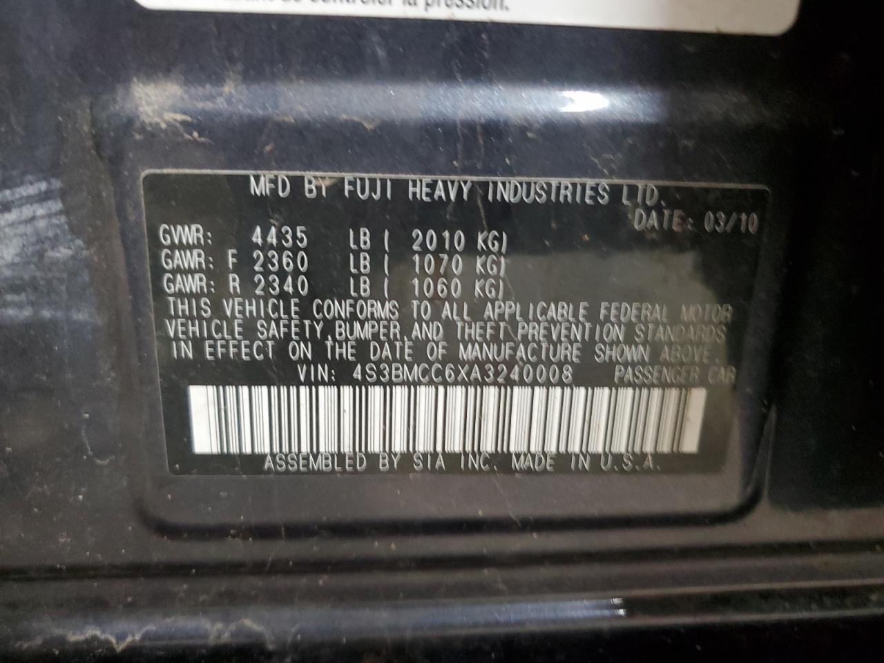 2010 Subaru Legacy 2.5I Premium VIN: 4S3BMCC6XA3240008 Lot: 60374595