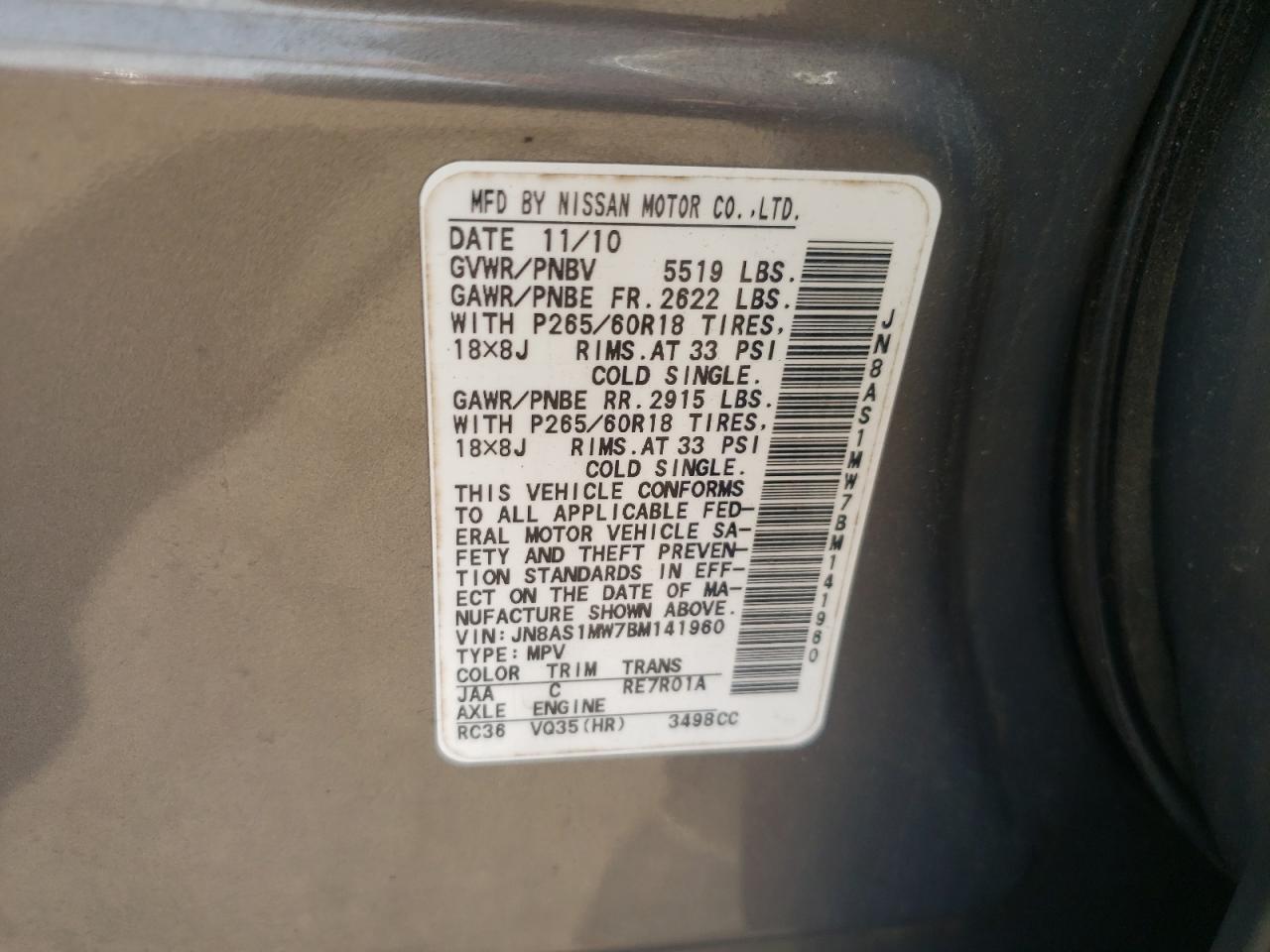 2011 Infiniti Fx35 VIN: JN8AS1MW7BM141960 Lot: 62427005
