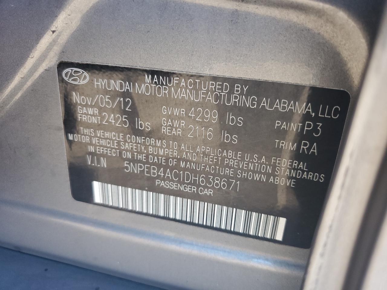 2013 Hyundai Sonata Gls VIN: 5NPEB4AC1DH638671 Lot: 62838295