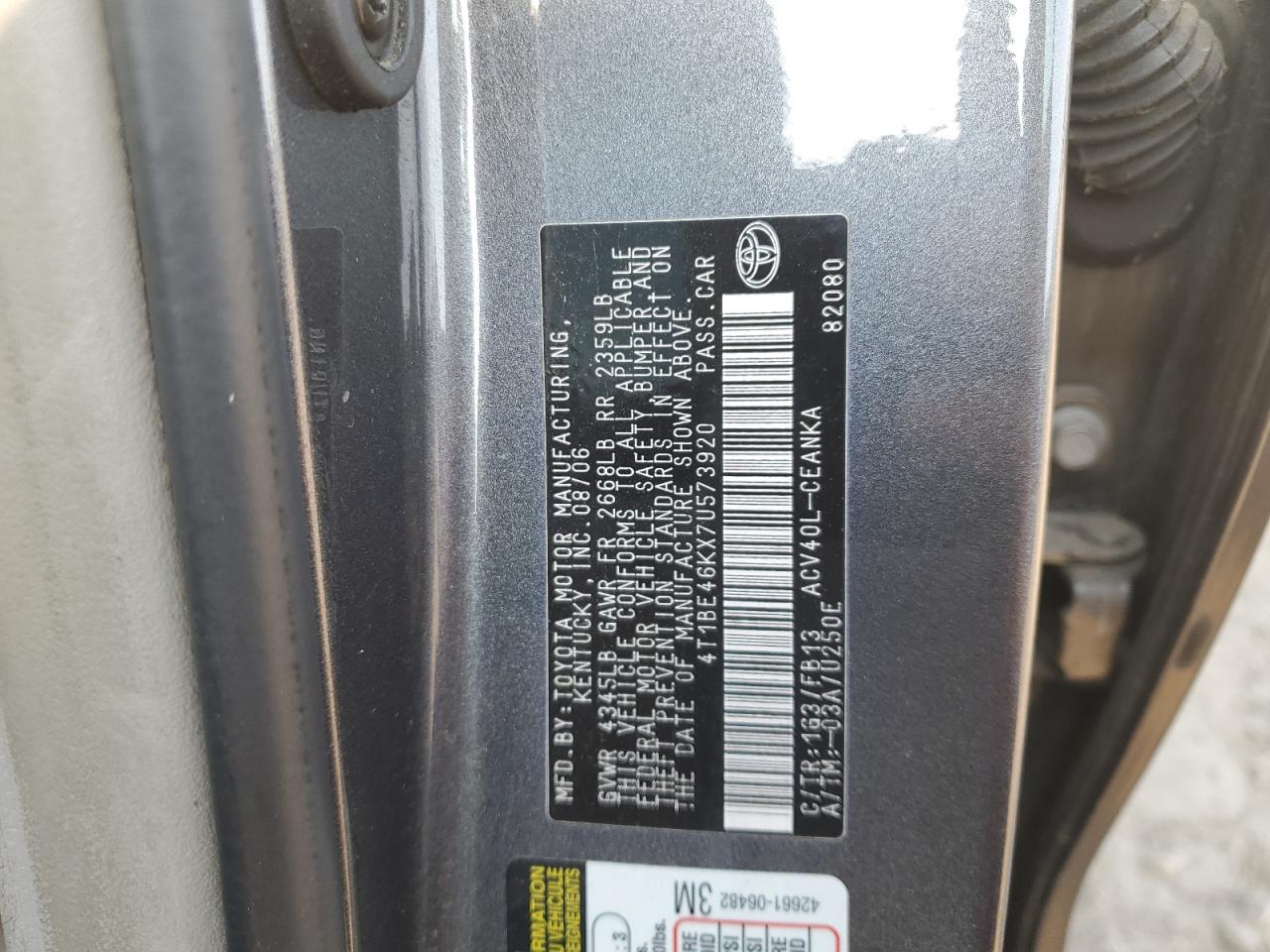 2007 Toyota Camry Ce VIN: 4T1BE46KX7U573920 Lot: 61235945