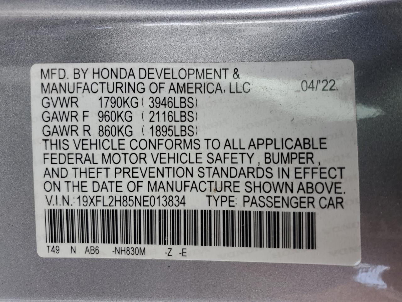 2022 Honda Civic Sport VIN: 19XFL2H85NE013834 Lot: 61588755