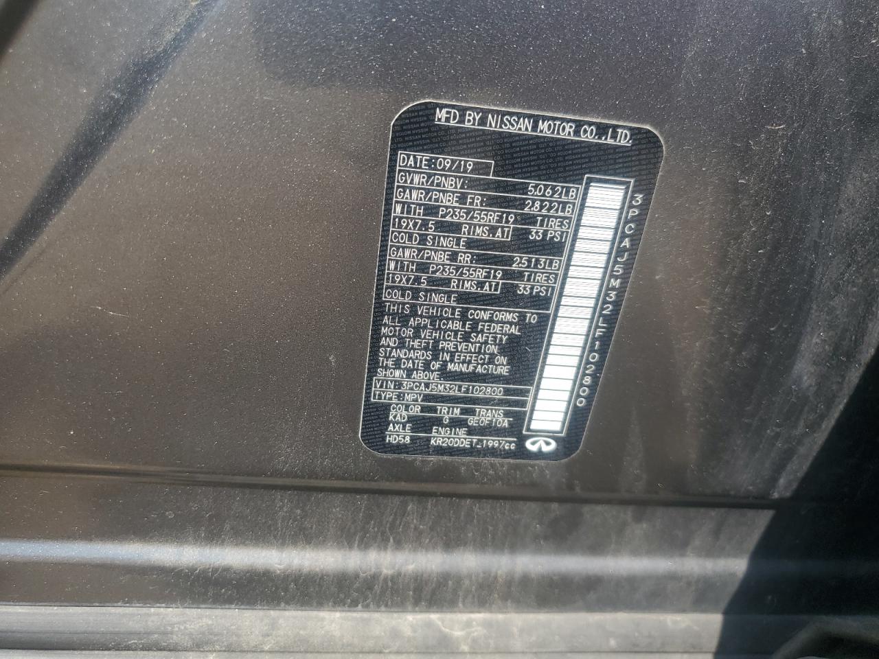 2020 Infiniti Qx50 Pure VIN: 3PCAJ5M32LF102800 Lot: 62824395