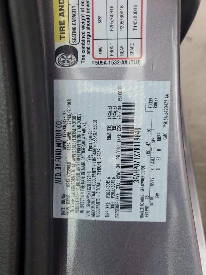 2007 Ford Fusion Se VIN: 3FAHP071X7R119848 Lot: 61684375