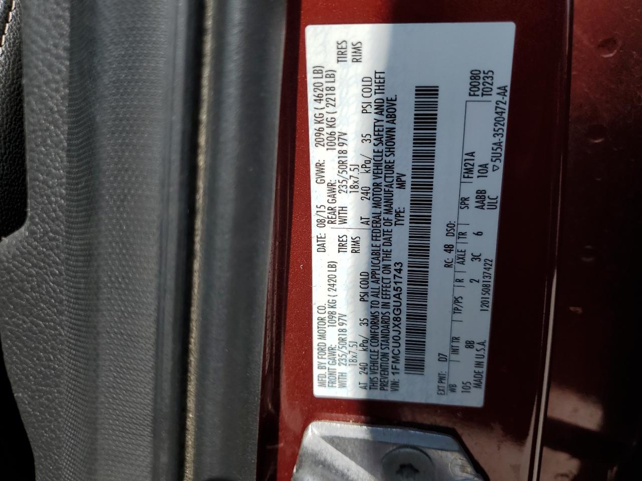 2016 Ford Escape Titanium VIN: 1FMCU0JX8GUA51743 Lot: 62603245