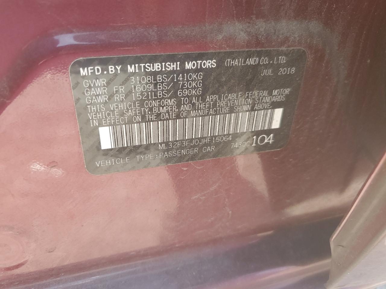 2018 Mitsubishi Mirage G4 Es VIN: ML32F3FJ0JHF15064 Lot: 62560215