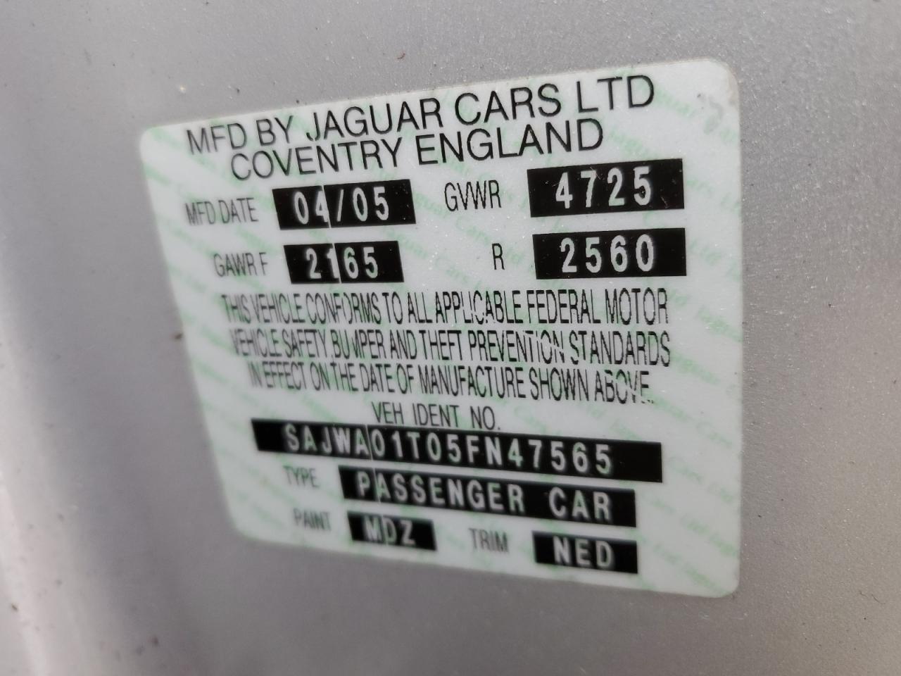 2005 Jaguar S-Type VIN: SAJWA01T05FN47565 Lot: 62032755