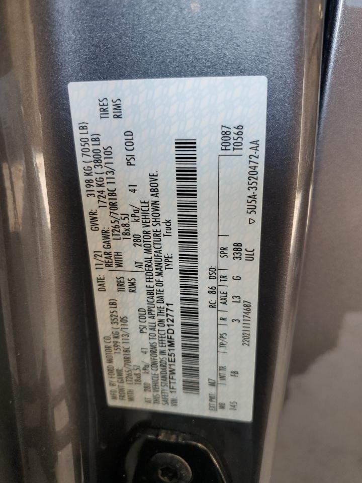 2021 Ford F150 Supercrew VIN: 1FTFW1E51MFD12771 Lot: 61484555