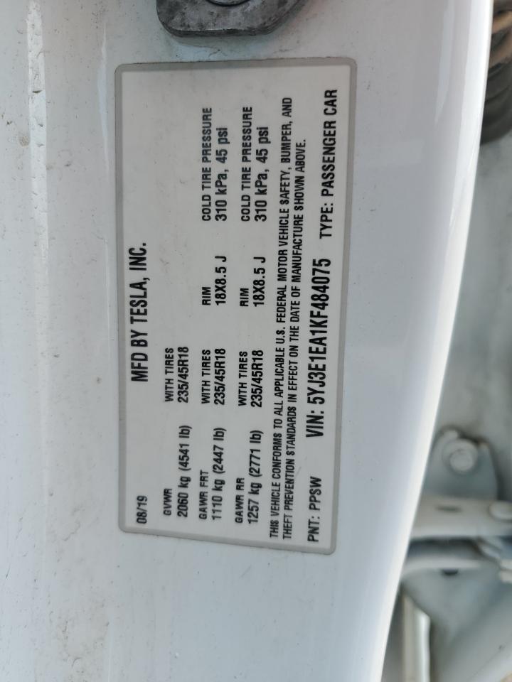 2019 Tesla Model 3 VIN: 5YJ3E1EA1KF484075 Lot: 62875535
