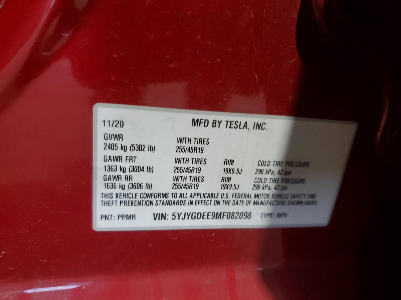 2021 Tesla Model Y VIN: 5YJYGDEE9MF082098 Lot: 63129515