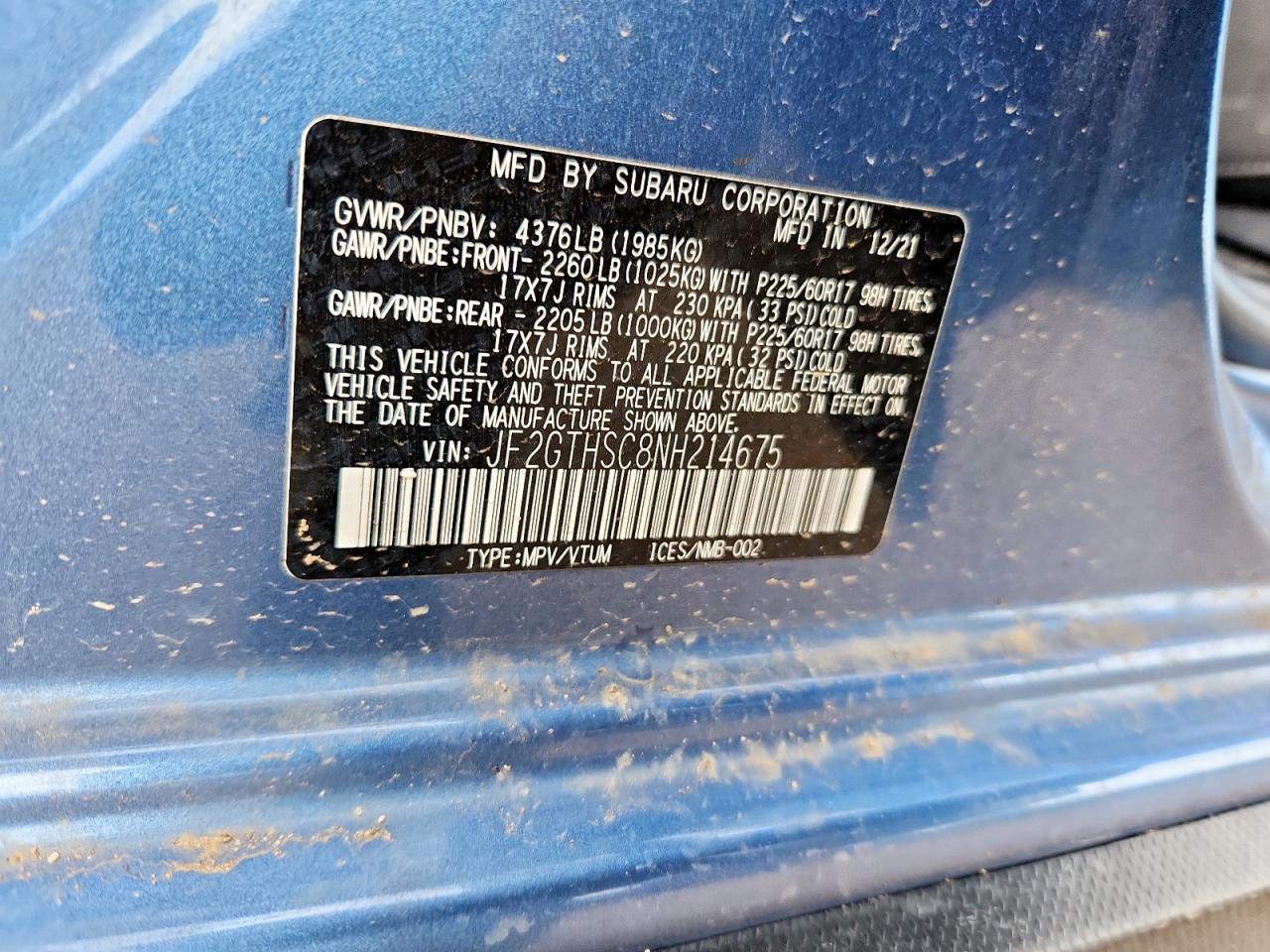 2022 Subaru Crosstrek Sport VIN: JF2GTHSC8NH214675 Lot: 61403025