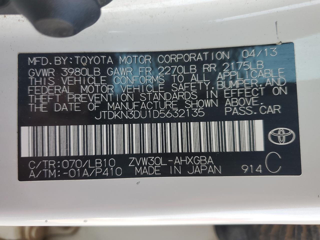 2013 Toyota Prius VIN: JTDKN3DU1D5632135 Lot: 62701165