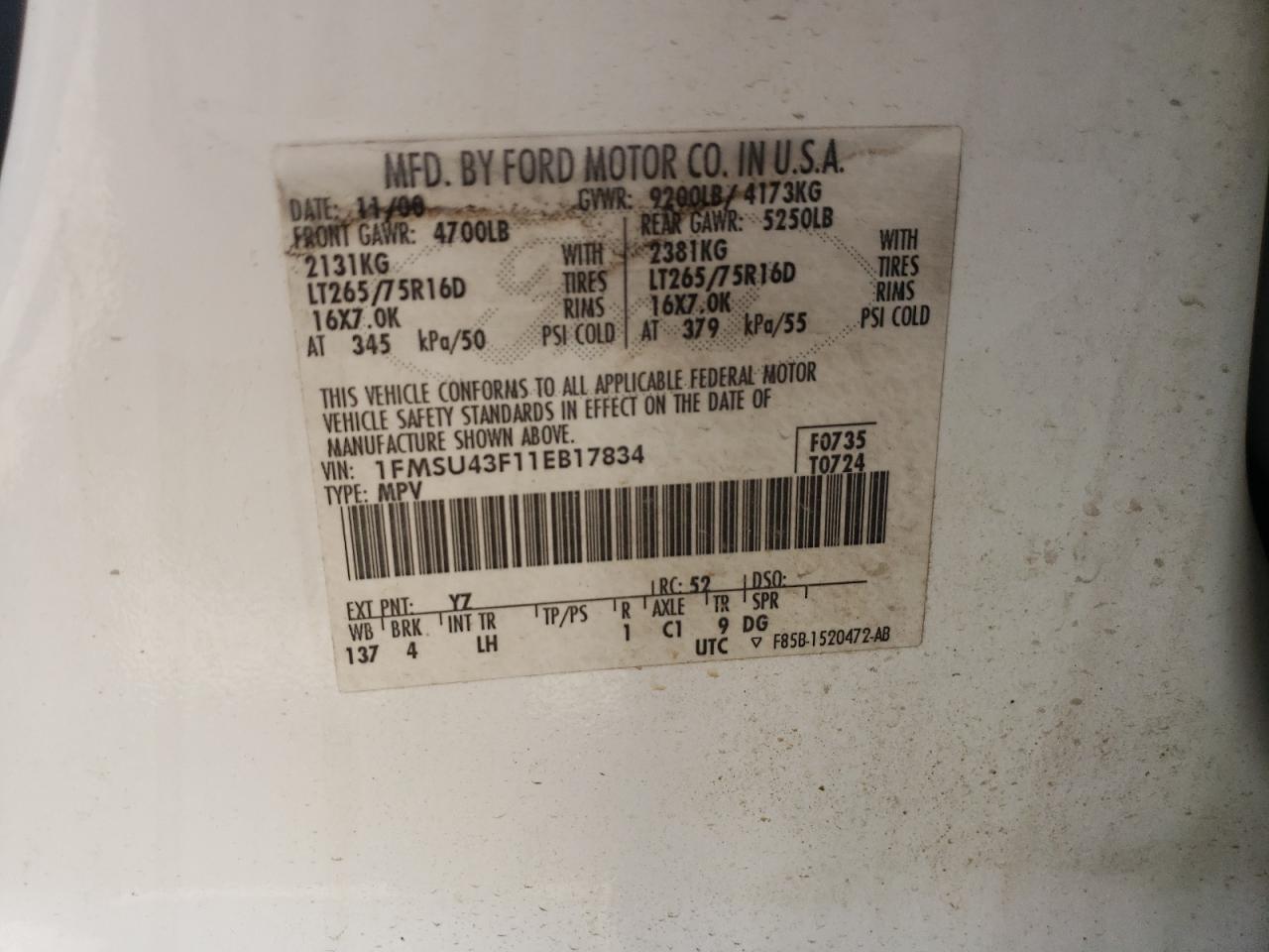 2001 Ford Excursion Limited VIN: 1FMSU43F11EB17834 Lot: 60464225