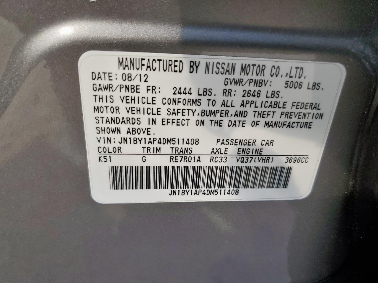 2013 Infiniti M37 VIN: JN1BY1AP4DM511408 Lot: 60501345