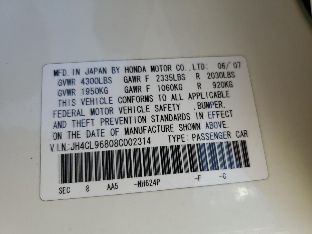 2008 Acura Tsx VIN: JH4CL96808C002314 Lot: 62173475