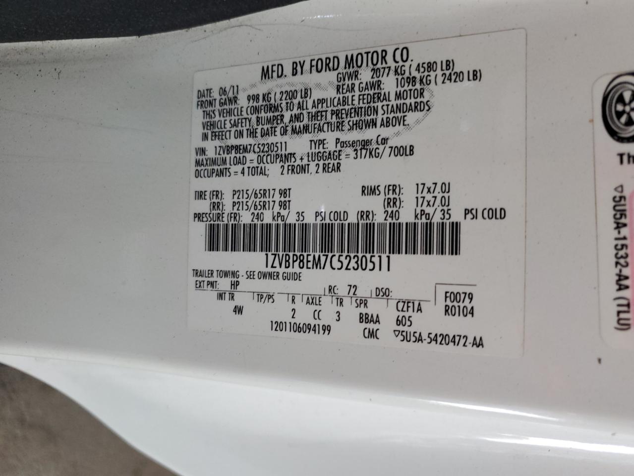 2012 Ford Mustang VIN: 1ZVBP8EM7C5230511 Lot: 62422385