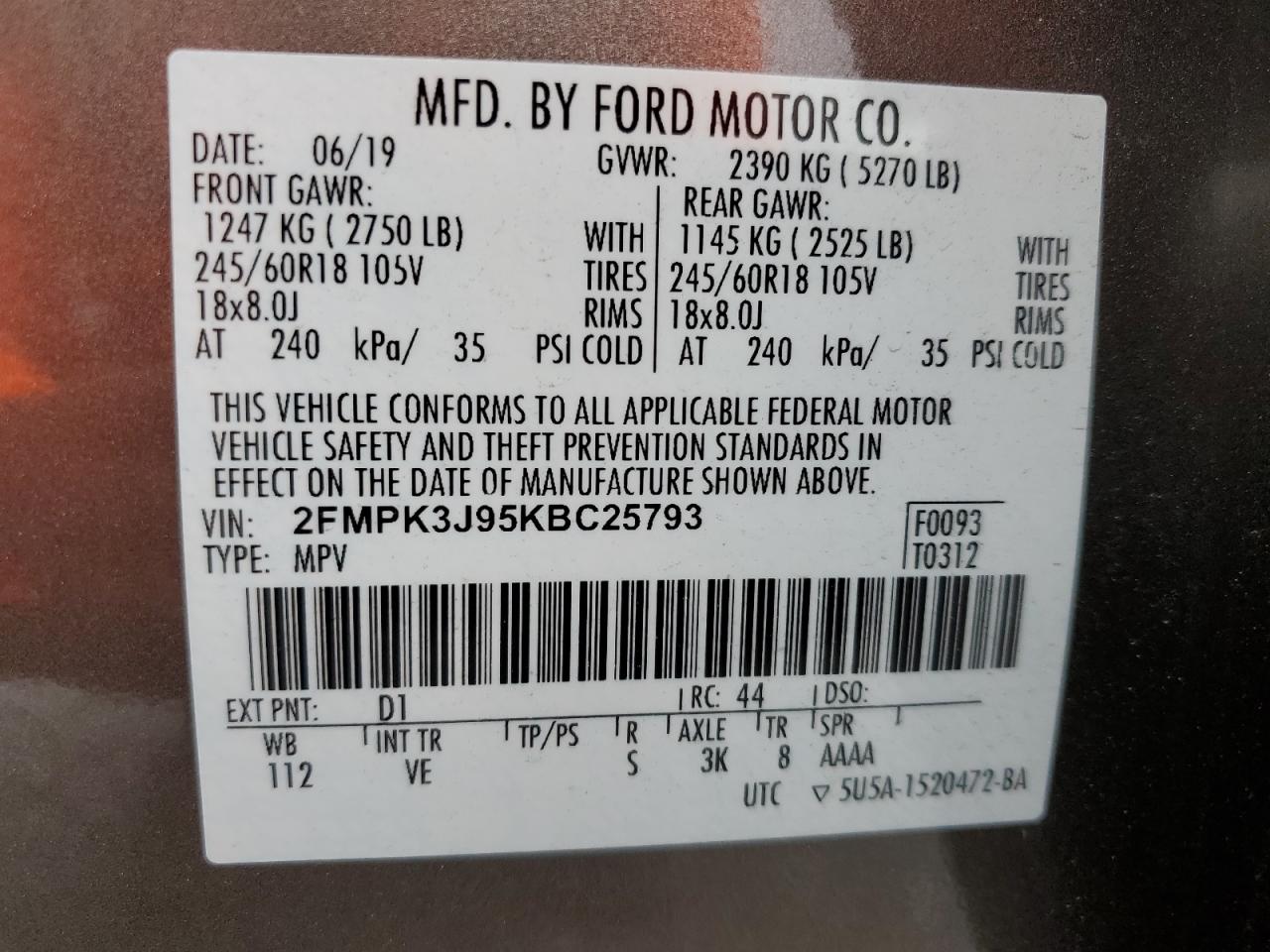 2019 Ford Edge Sel VIN: 2FMPK3J95KBC25793 Lot: 62791035