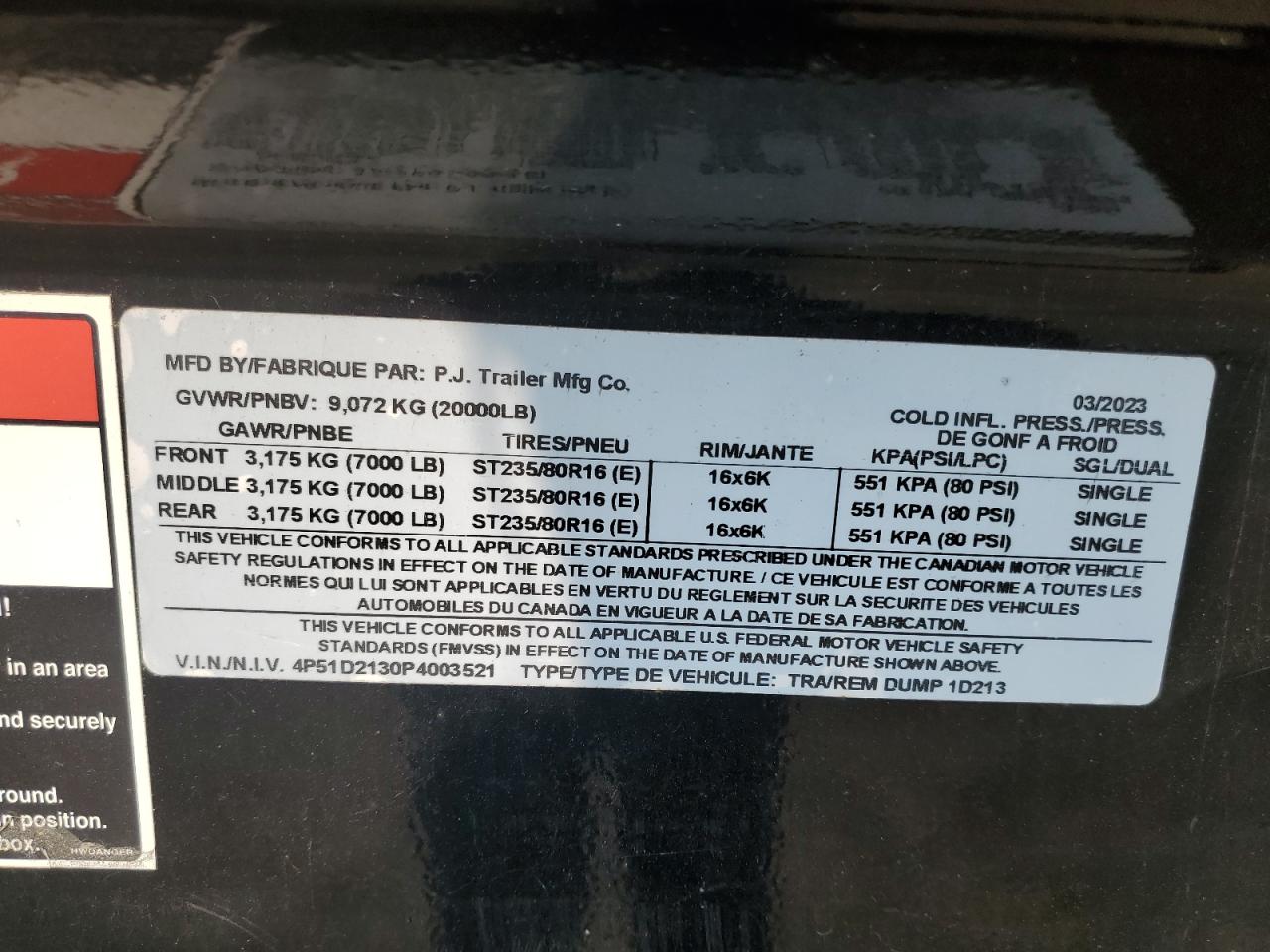 2023 Pj 1D213 Dump Trailer VIN: 4P51D2130P4003521 Lot: 59261215