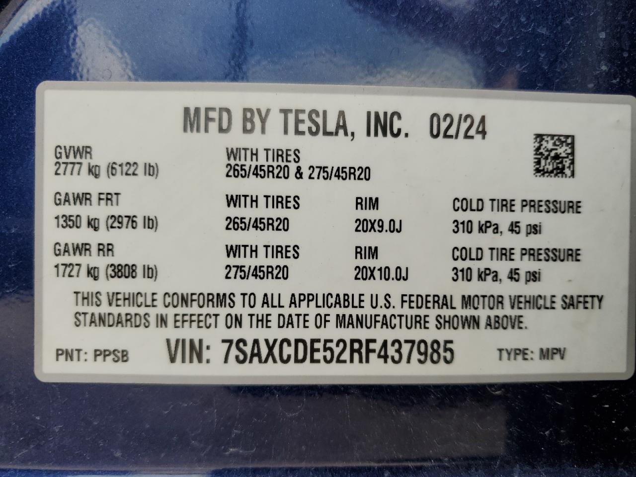 2024 Tesla Model X VIN: 7SAXCDE52RF437985 Lot: 62547715