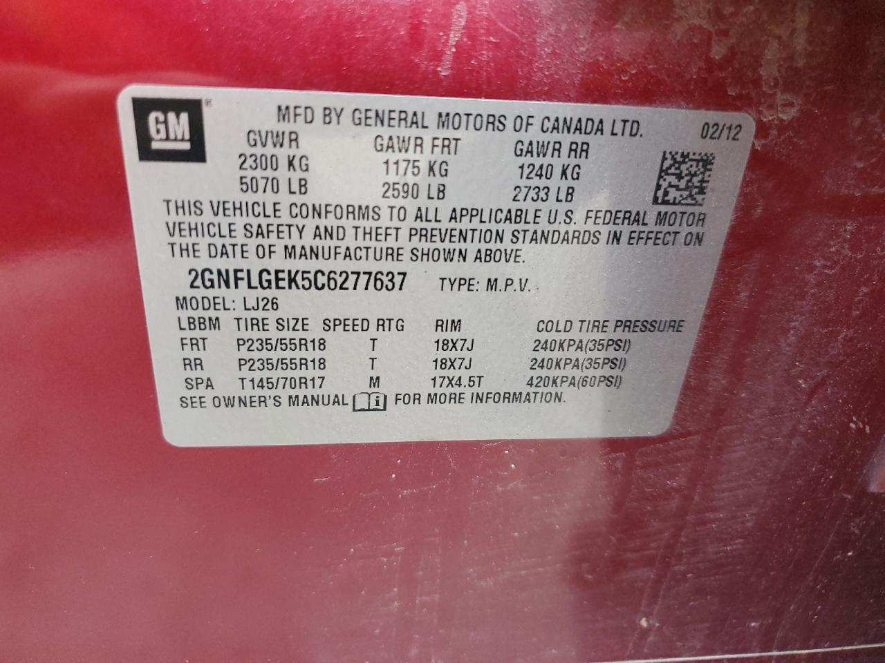 2012 Chevrolet Equinox Ltz VIN: 2GNFLGEK5C6277637 Lot: 62885345