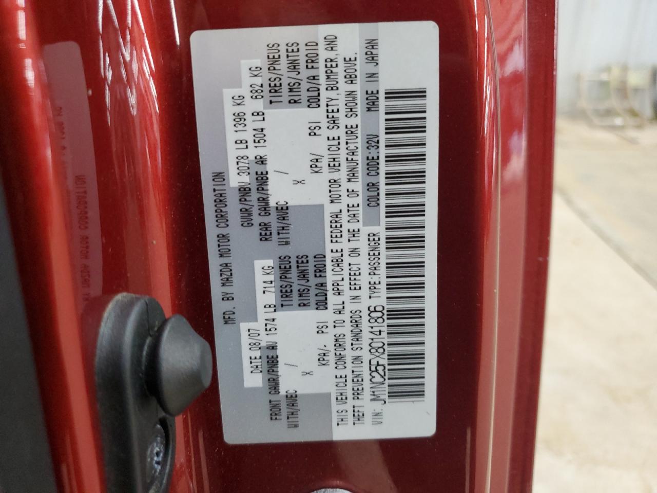 2008 Mazda Mx-5 Miata VIN: JM1NC25FX80141806 Lot: 62081825