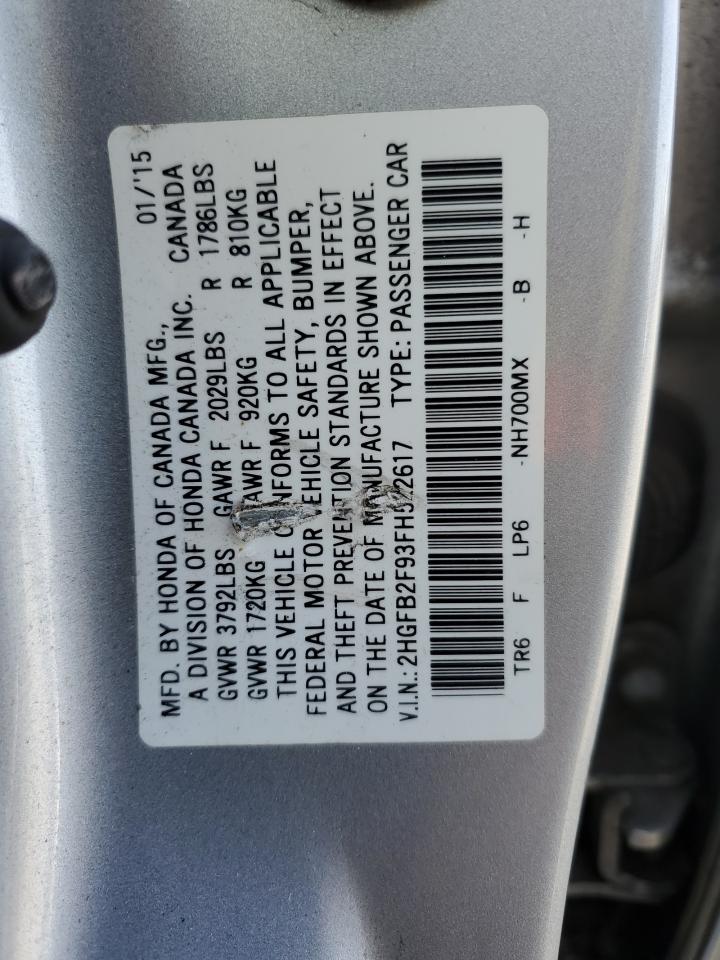 2015 Honda Civic Exl VIN: 2HGFB2F93FH522617 Lot: 61963405