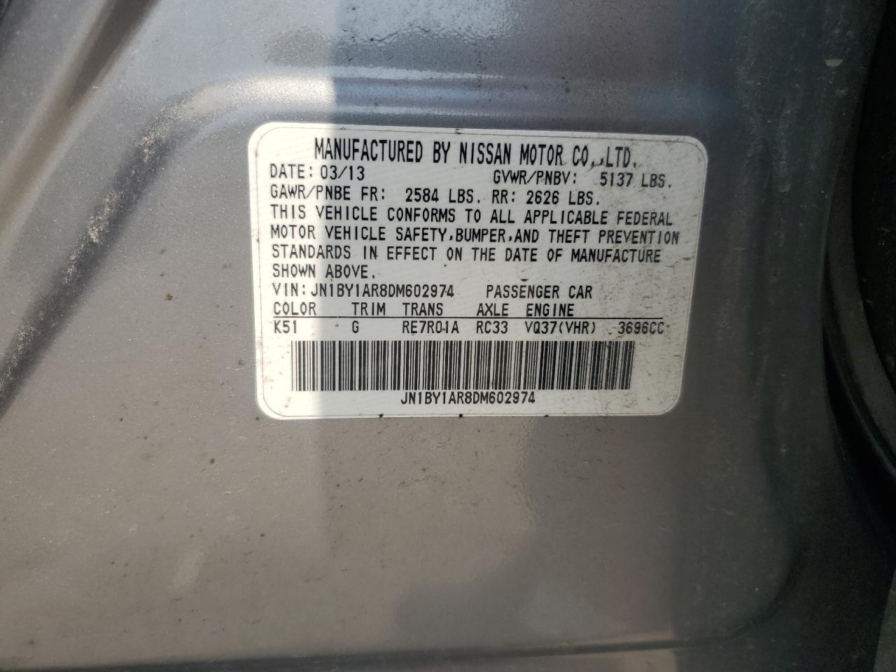 2013 Infiniti M37 X VIN: JN1BY1AR8DM602974 Lot: 59539485