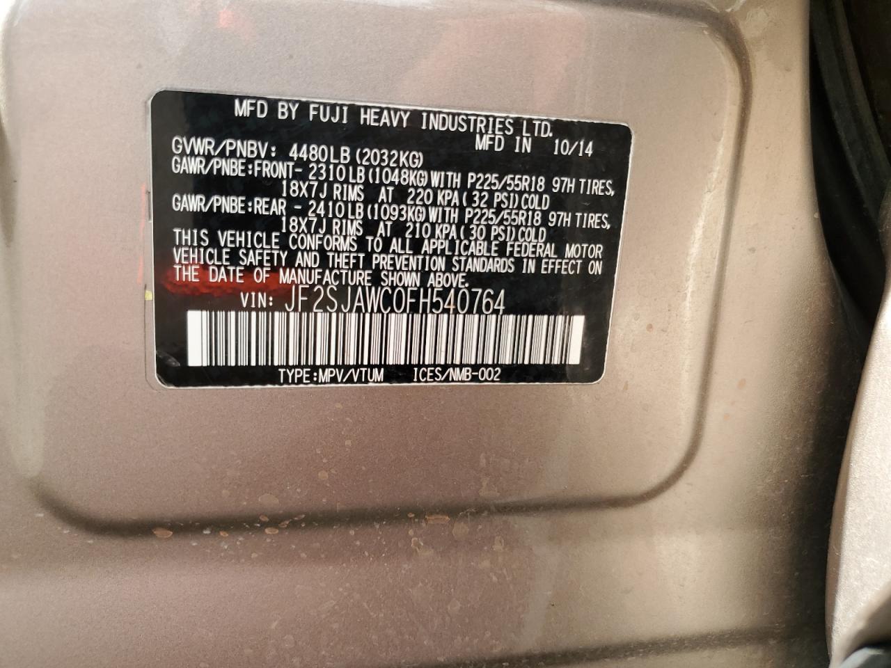 2015 Subaru Forester 2.5I Touring VIN: JF2SJAWC0FH540764 Lot: 62845685