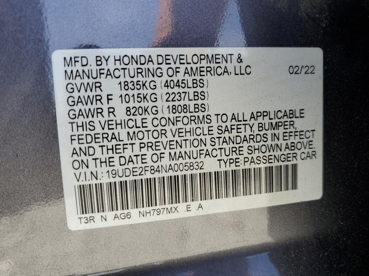 2022 Acura Ilx Premium A-Spec VIN: 19UDE2F84NA005832 Lot: 60875615