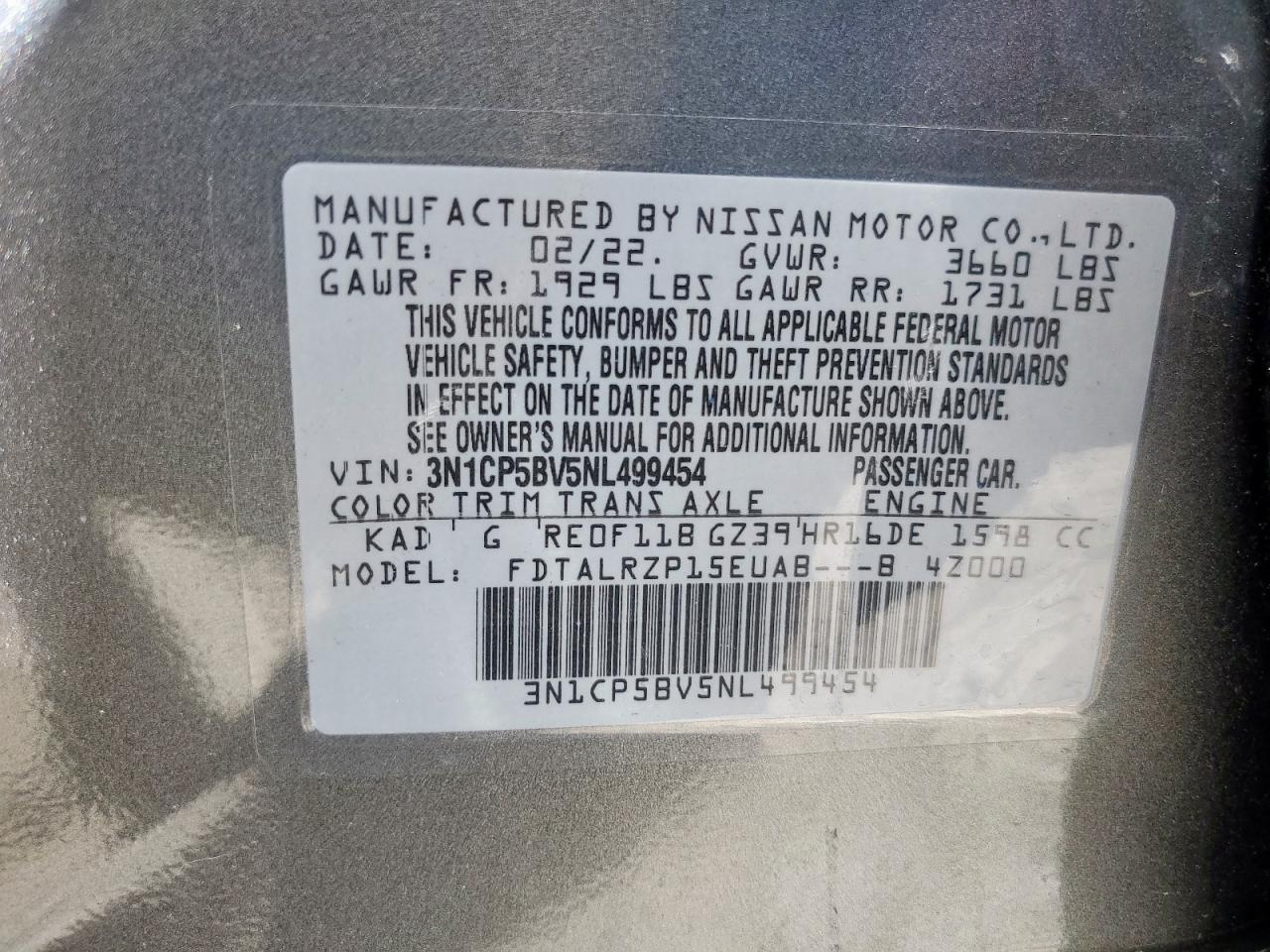 2022 Nissan Kicks S VIN: 3N1CP5BV5NL499454 Lot: 62585815