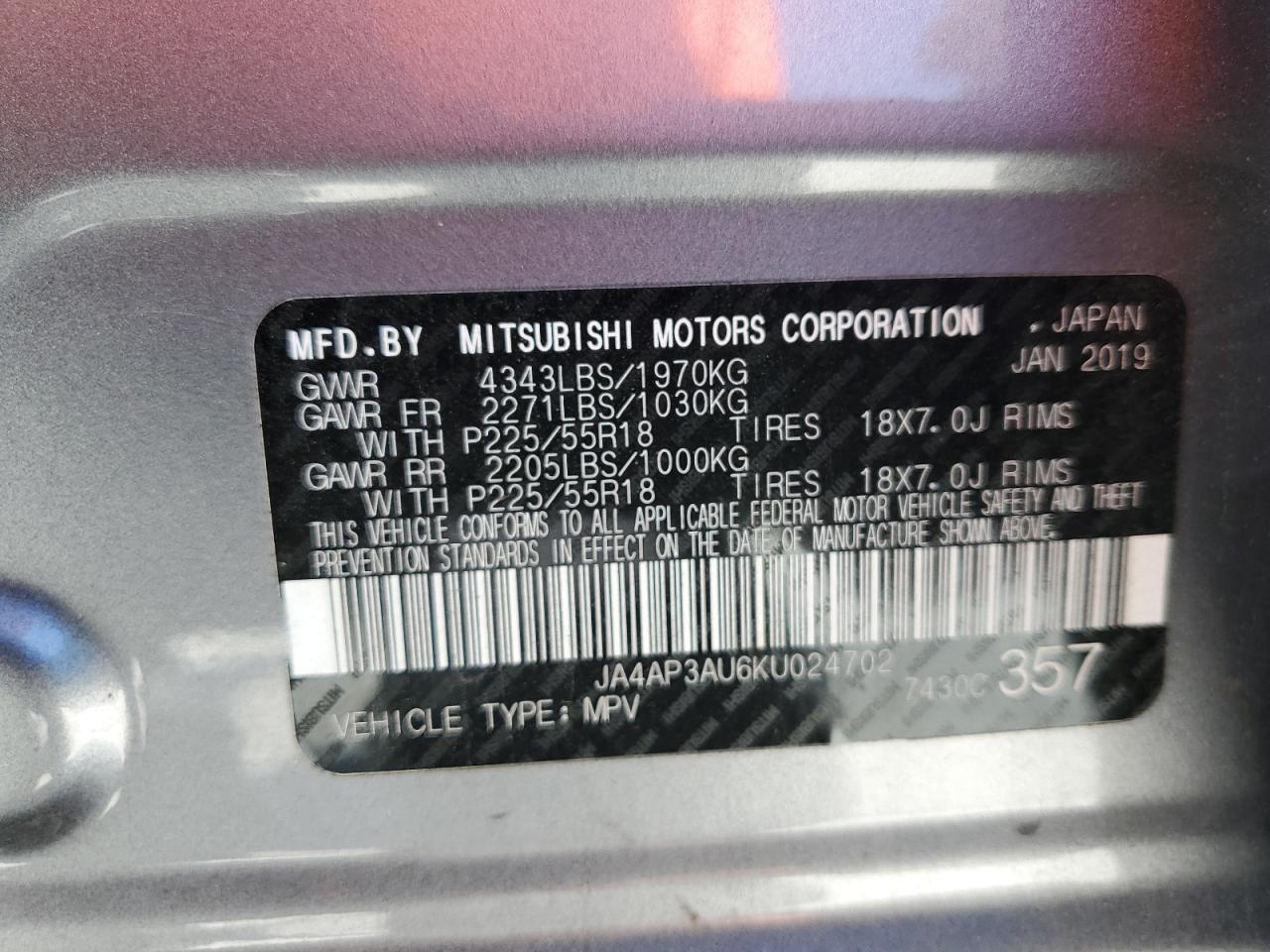 2019 Mitsubishi Outlander Sport Es VIN: JA4AP3AU6KU024702 Lot: 61674895